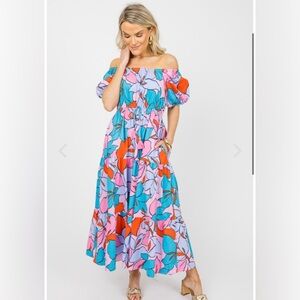 Easel - Floral Blue, Pink & Orange Off-Shoulder Maxi Dress